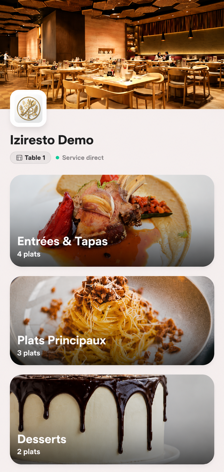 Écran d'accueil du menu izzirestau sur mobile