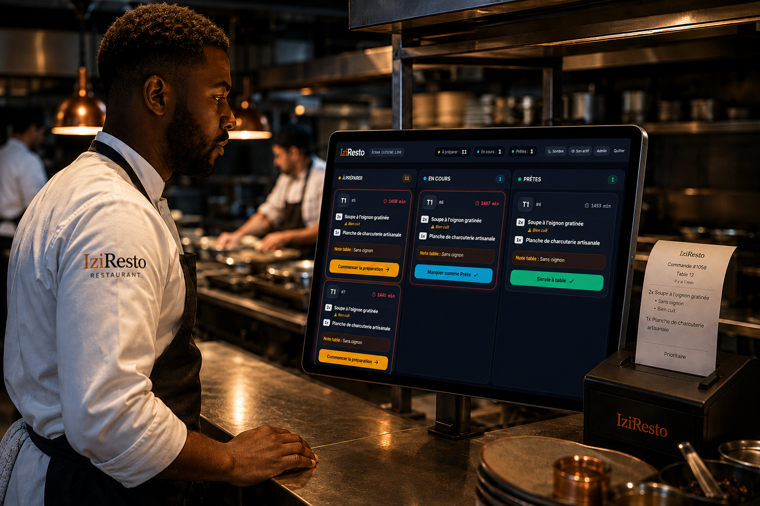 Parcours restaurant izzirestau : écran de suivi des commandes en cuisine